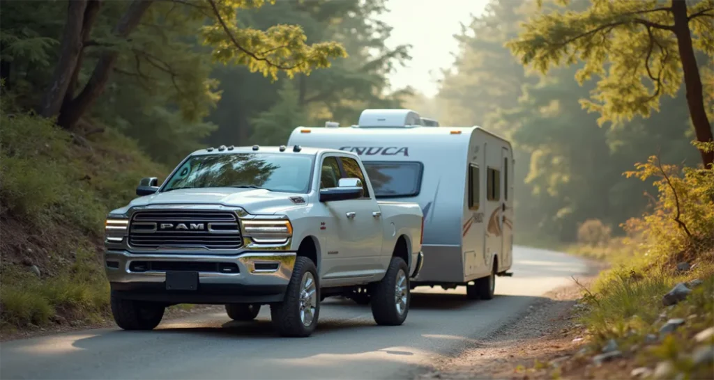 Vehicle towing a camping trailer uphill with proper gear usage for safe towing.