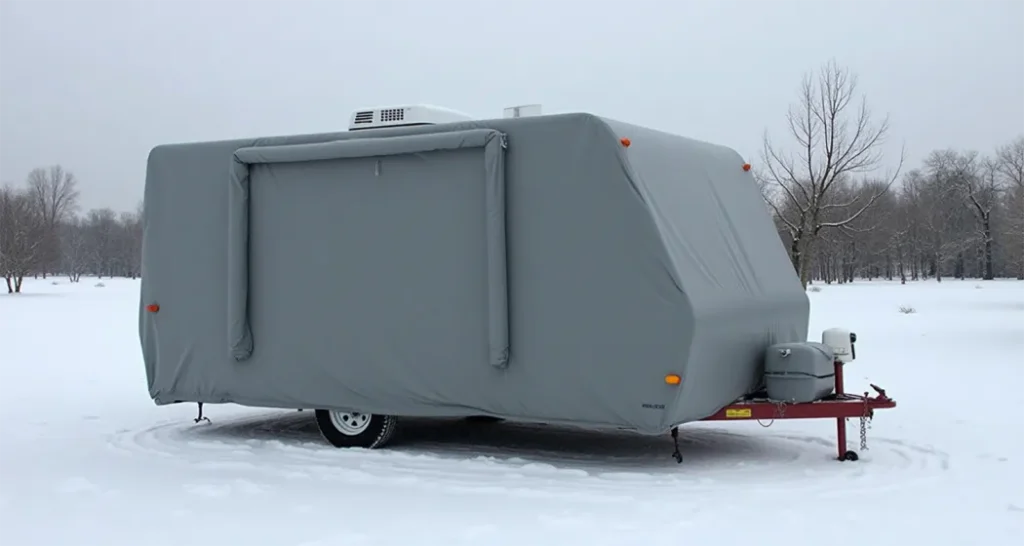 Camping trailer covered with a weatherproof RV cover during winter.