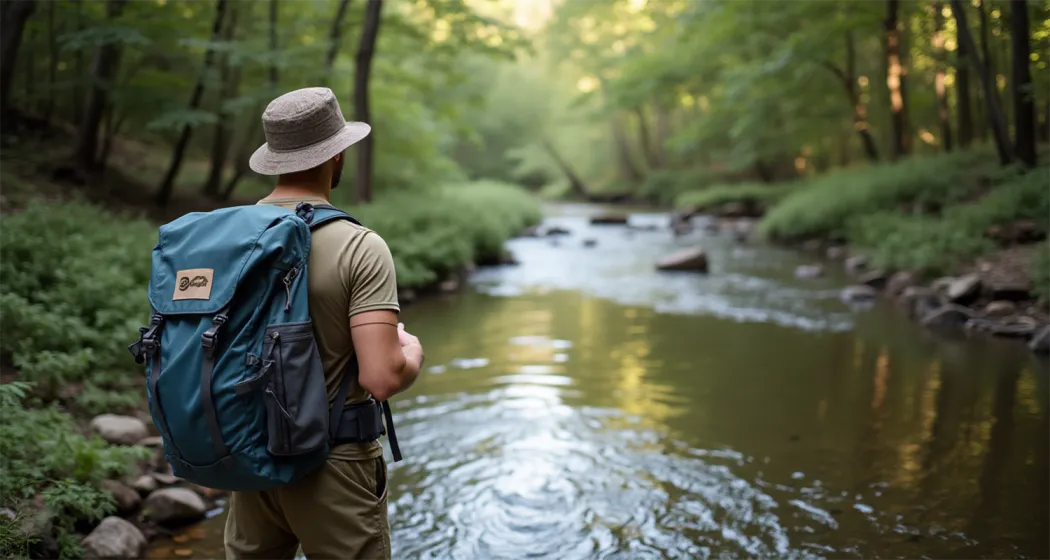 Hiker by a stream considering water safety in the wilderness.