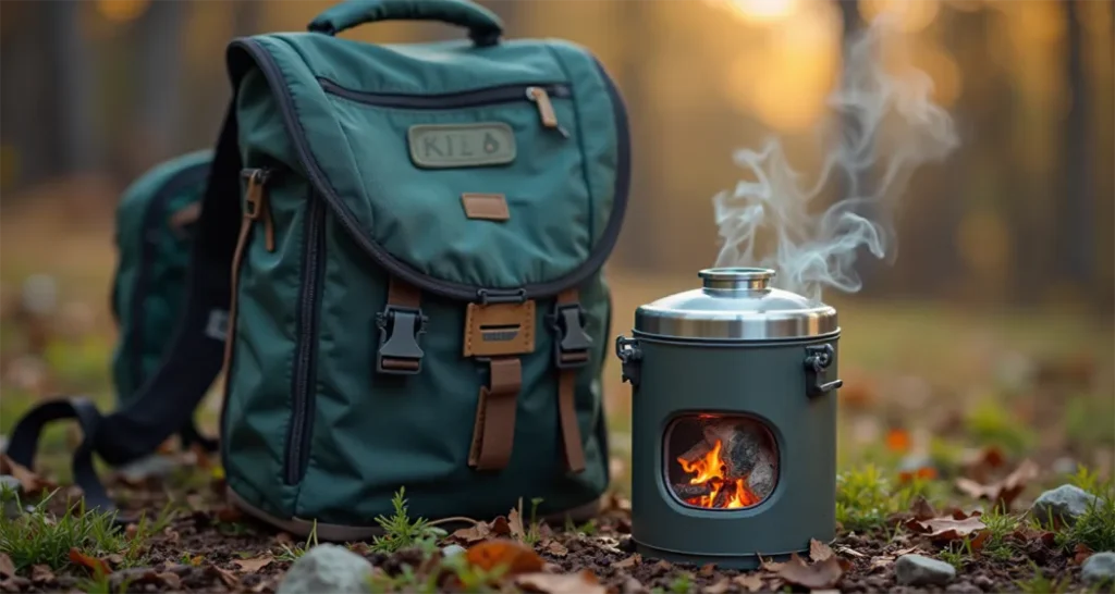 Lightweight camping wood-burning stove packed in a hiker's bag.