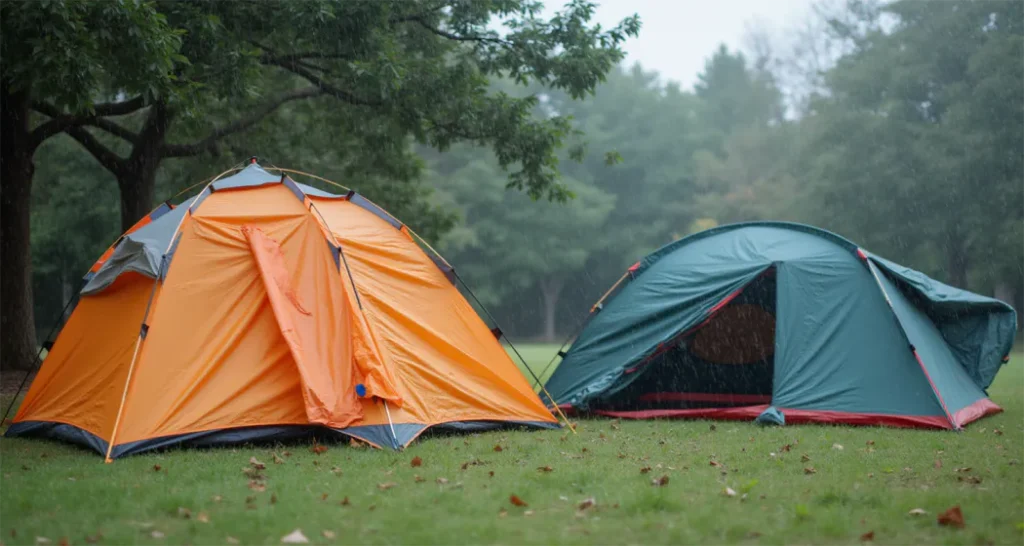 Improperly set-up tent showing the importance of practice before camping.