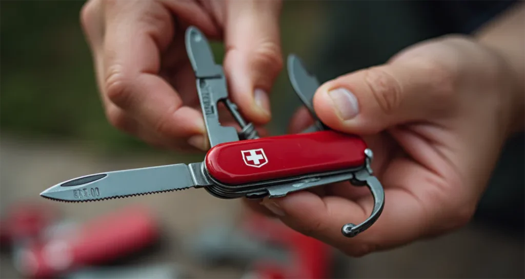 Swiss Army knife with multiple tools for camping.