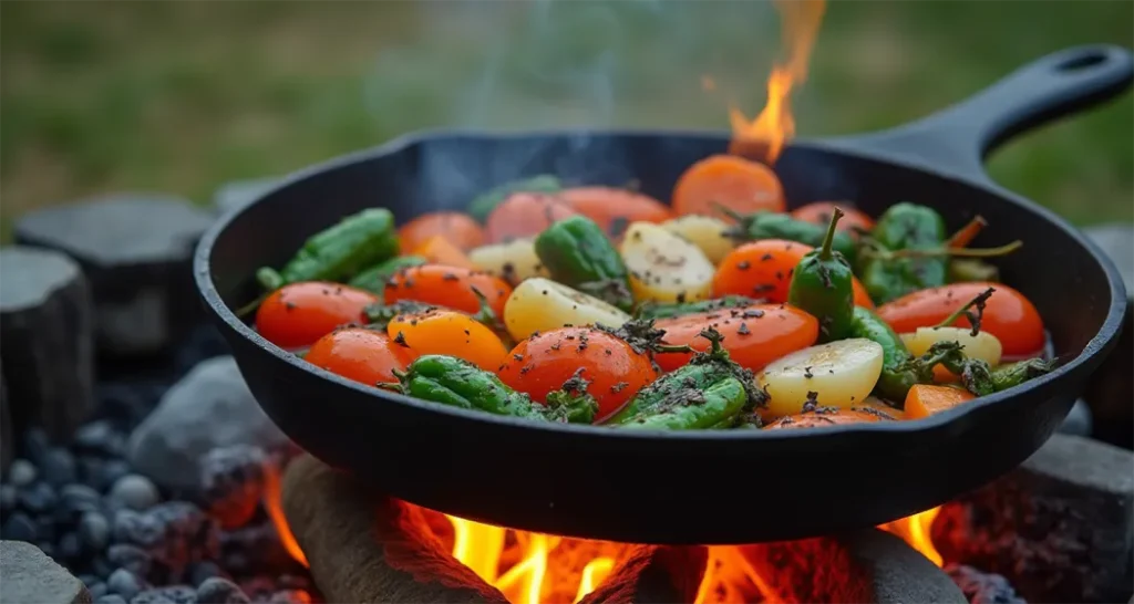 Cast iron skillet on a fire pit with sizzling vegetables.