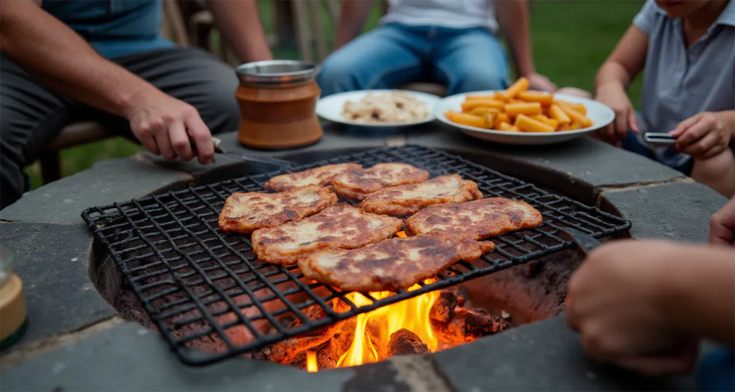 fire pit cooking grate: Outdoor cooking setup with fire pit grate grilling food, surrounded by people in a backyard.