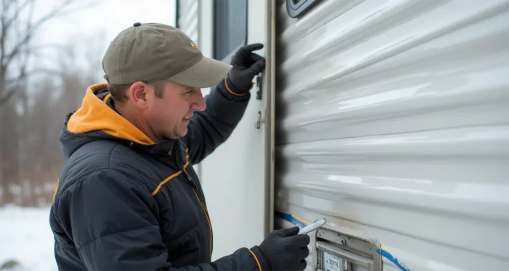 Person inspecting and sealing a camping trailer's exterior seams for winter.