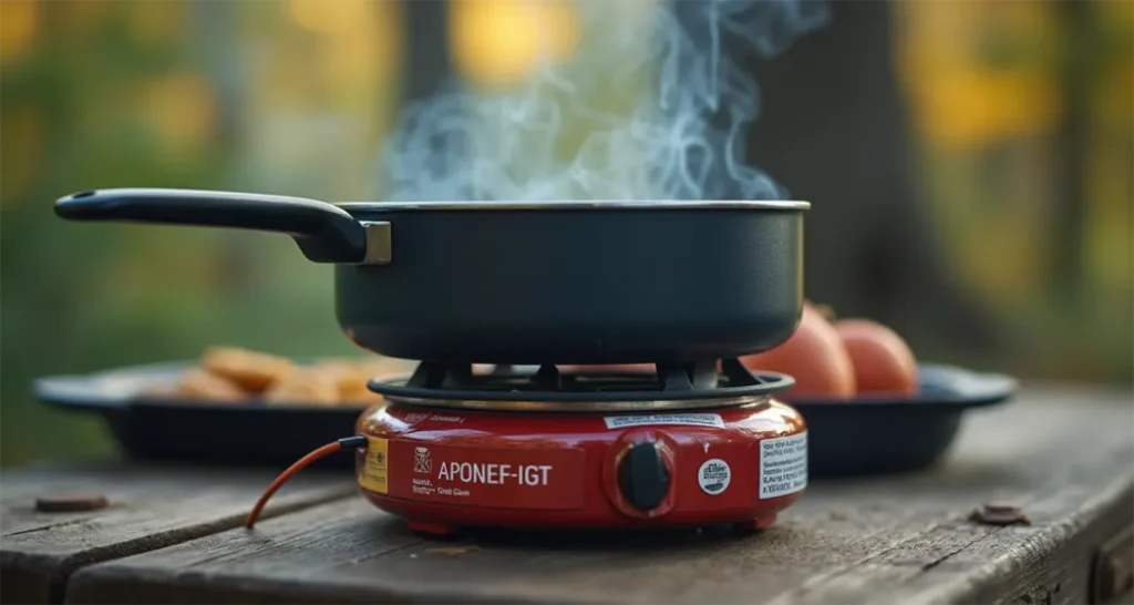 Portable propane stove with lightweight camping cookware.