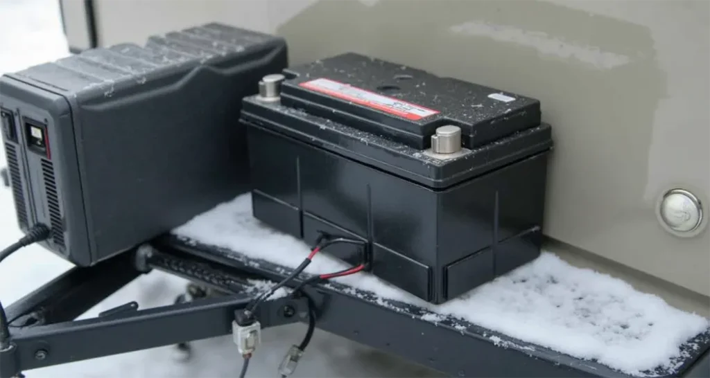 Disconnecting a camping trailer battery for winter storage.