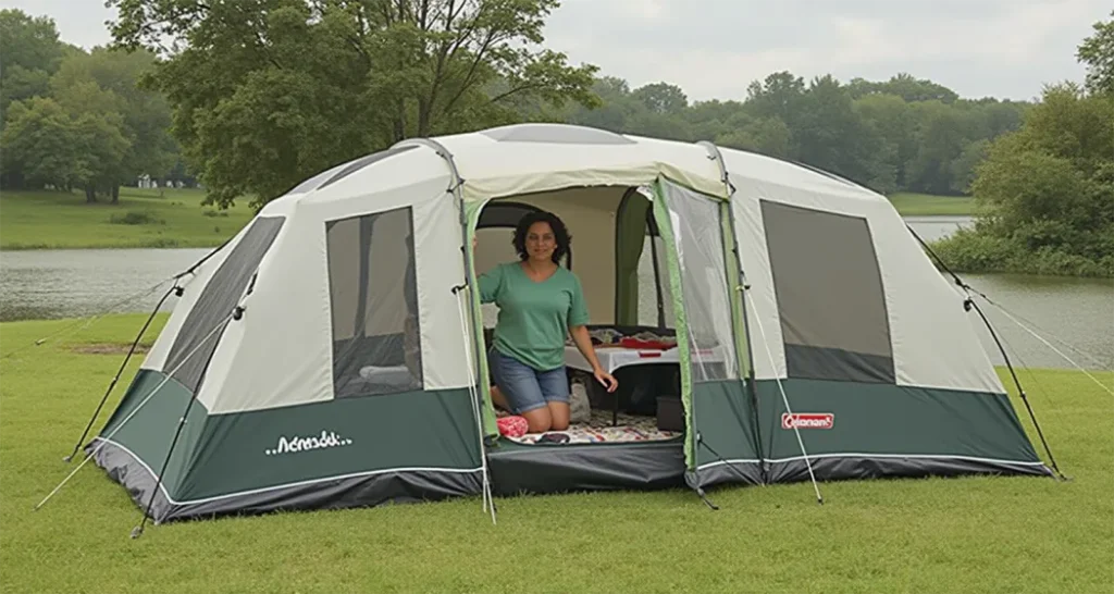 Spacious 3-room tent set up by a lake for family camping