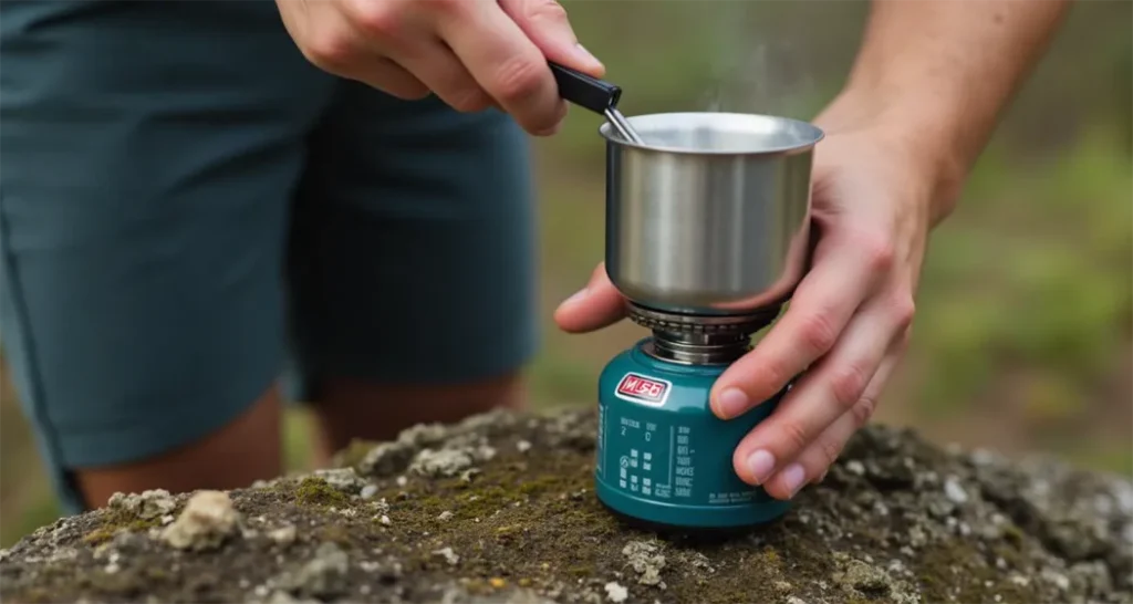 Compact Stoves for Backpackers: MSR PocketRocket 2 compact stove boiling water during a backpacking trip.