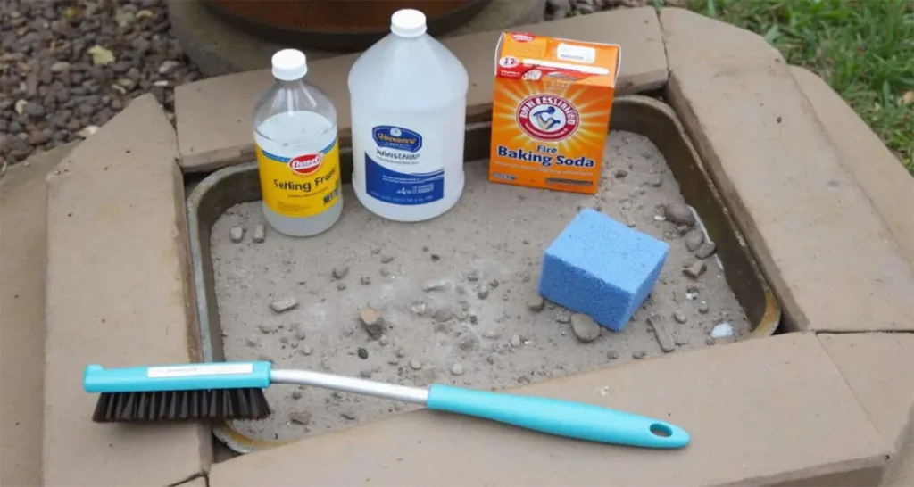 Essential tools for fire pit grate cleaning, including a wire brush, sponge, vinegar, baking soda, and high-temperature oil.