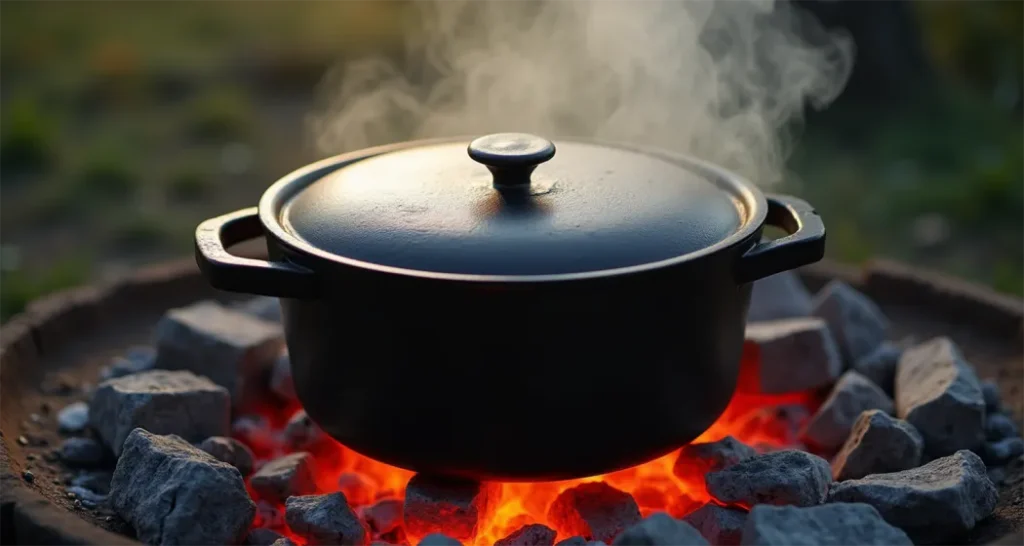 Dutch oven on hot coals for fire pit cooking