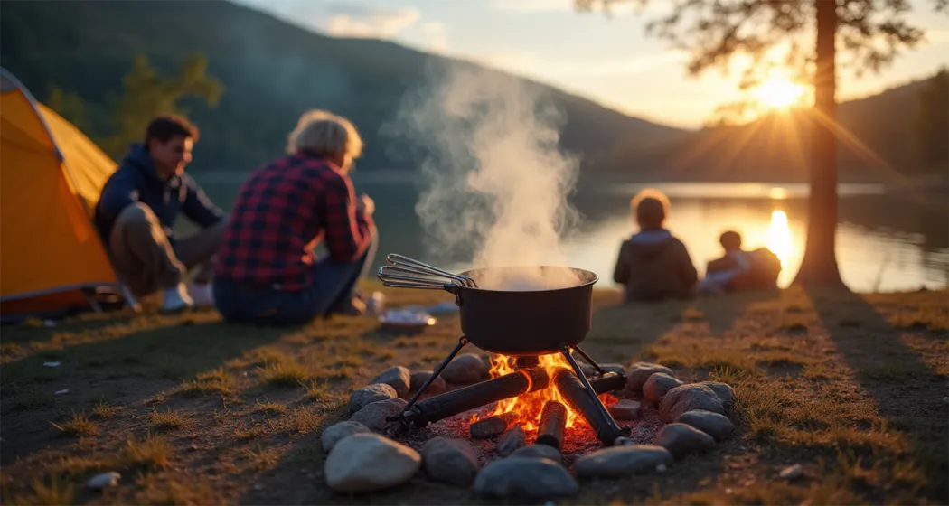 Family cooking on a camping stove at a forest campsite during a camping trip.