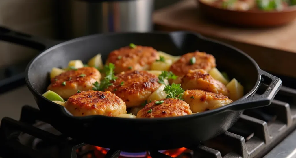 Cast iron skillet seared chicken and vegetables.