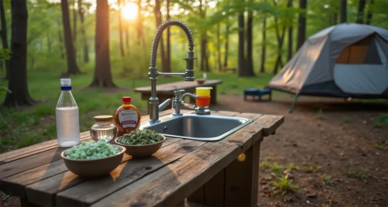 Organized camping sink setup at a scenic outdoor campsite.