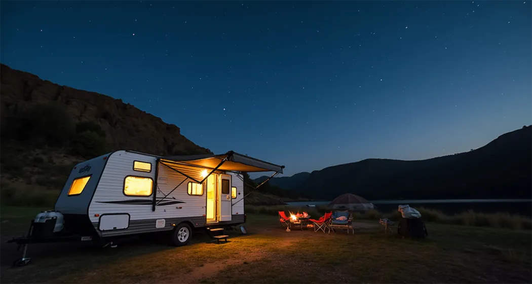 Modern camping trailer parked at a scenic campsite under a starry sky, ideal for outdoor adventures.