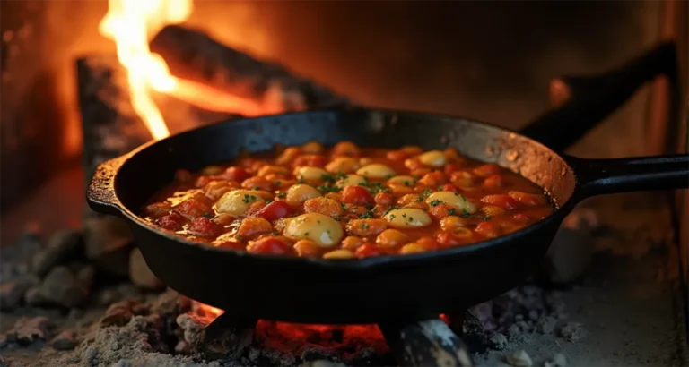 Rustic wood stove with a cast iron skillet cooking a hearty meal.